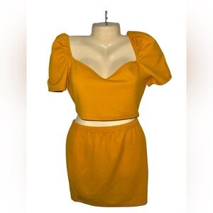 SHEIN Mustard Puff-Sleeve Sweetheart Crop Top & Mini Skirt Set